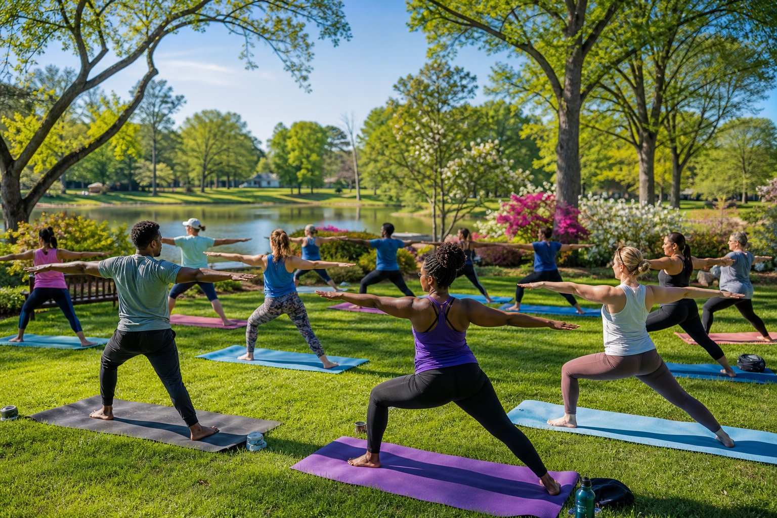 People practicing yoga outdoors in a green park with trees and a pond on a sunny day.