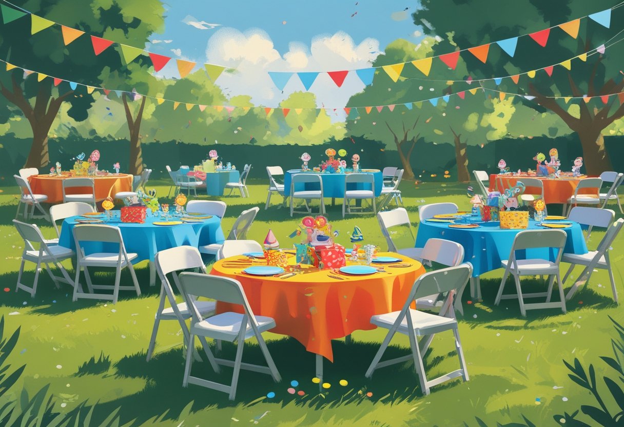 Outdoor kids' birthday party setup with colorful tables and folding chairs arranged on grass, decorated with balloons, party supplies, and festive banners.