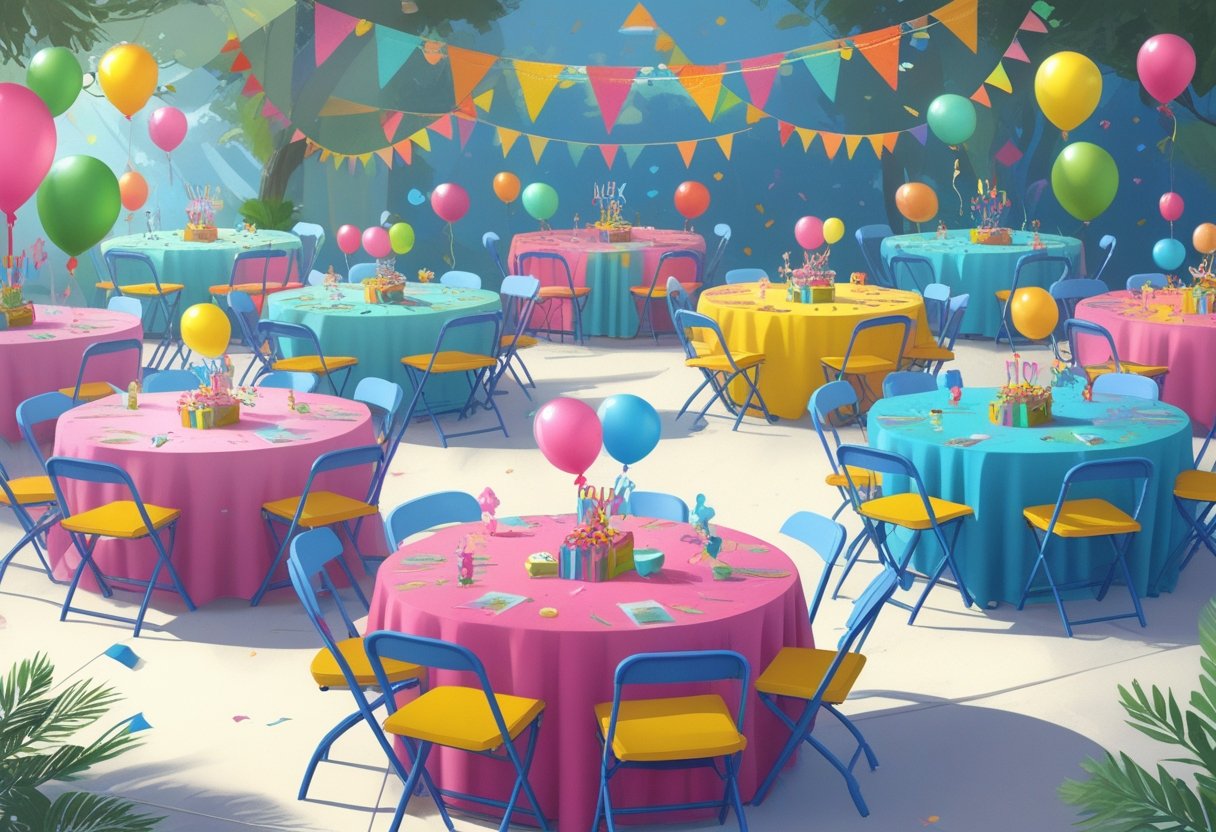 A colorful kids birthday party setup with tables covered in bright tablecloths and folding chairs arranged neatly around them, decorated with balloons and party decorations.
