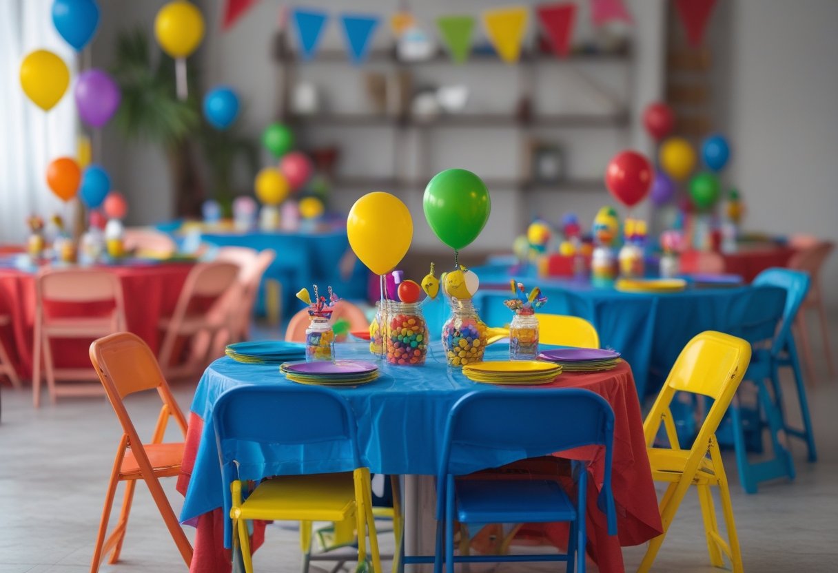 A kids' birthday party setup with colorful tables, playful centerpieces, and folding chairs arranged in a festive room.