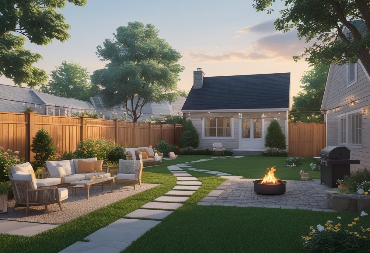 A small backyard in Missouri City arranged for an outdoor event with seating areas, a buffet table, string lights, a fire pit, and a house in the background.
