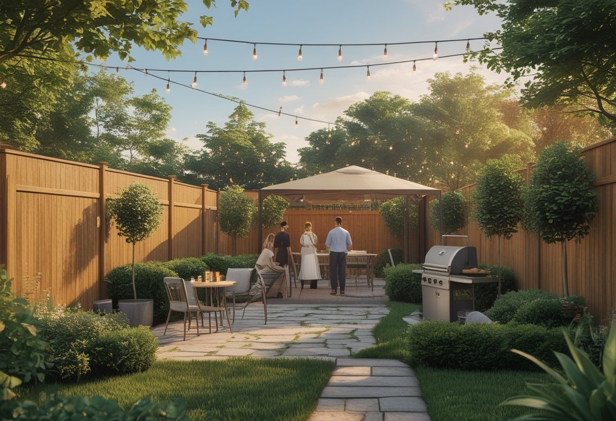 A small backyard in Missouri City arranged for an outdoor event with seating, string lights, plants, and a barbecue grill.
