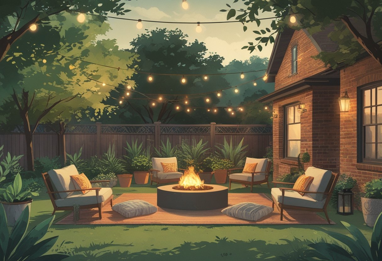 A small backyard in Missouri City arranged for an outdoor event with seating, a dining table, string lights, and surrounding plants.