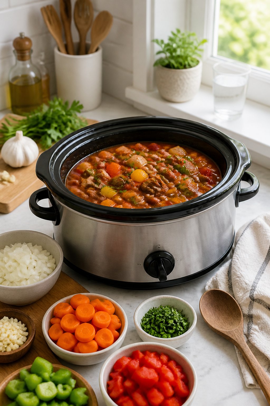 22 Crockpot Dump and Go Dinners for Busy Weeknights 2 A slow cooker on a kitchen counter filled with a colorful stew surrounded by fresh vegetables and cooking utensils.