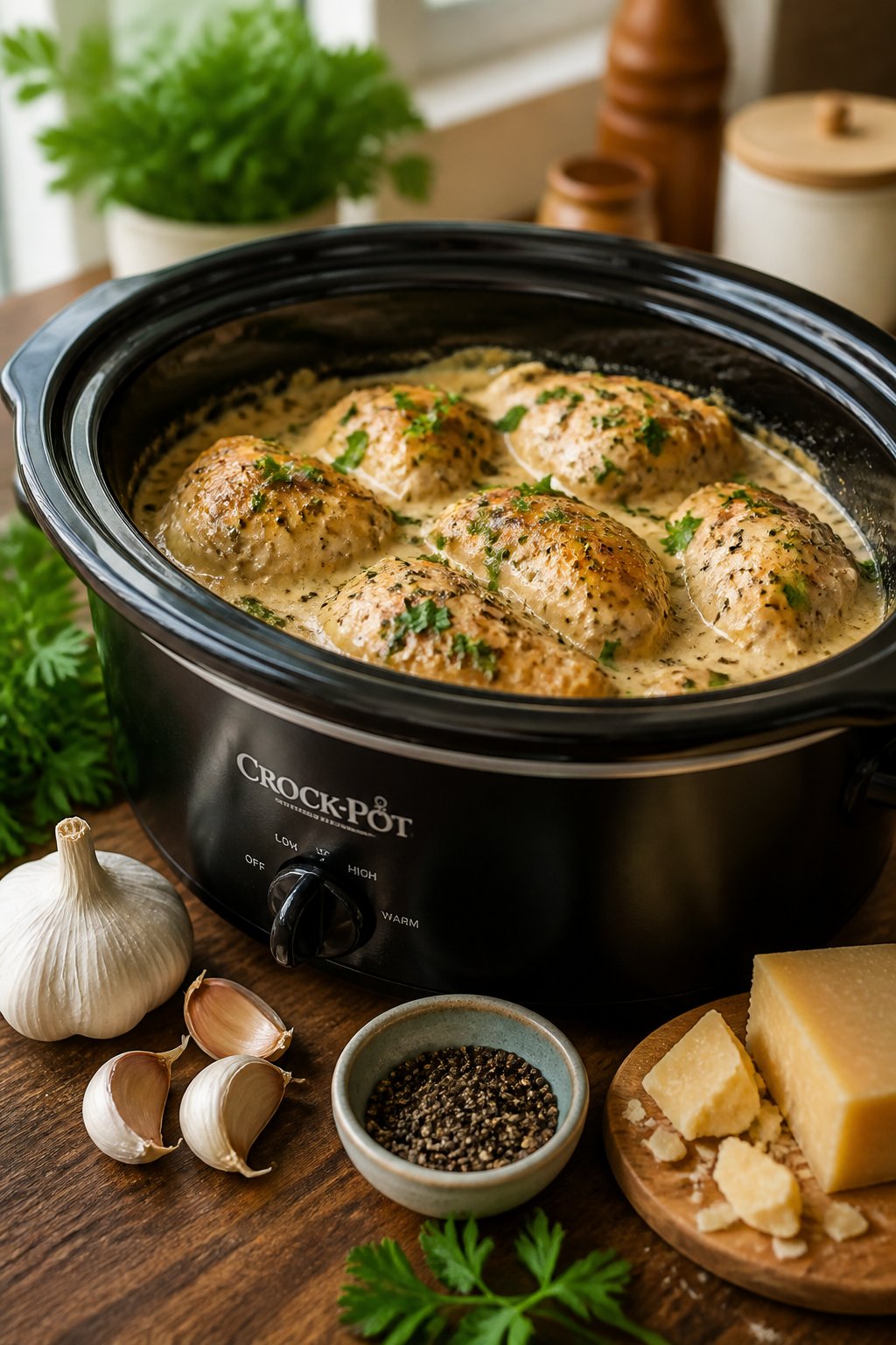 22 Crockpot Dump and Go Dinners for Busy Weeknights 3 A crockpot filled with garlic parmesan chicken surrounded by fresh garlic, parsley, and parmesan cheese on a kitchen countertop.