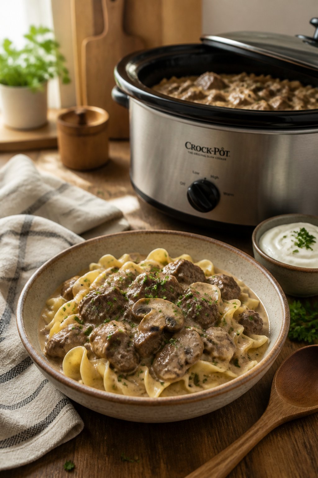 22 Crockpot Dump and Go Dinners for Busy Weeknights 4 A bowl of beef stroganoff with noodles and mushrooms on a wooden table next to a slow cooker and kitchen utensils.
