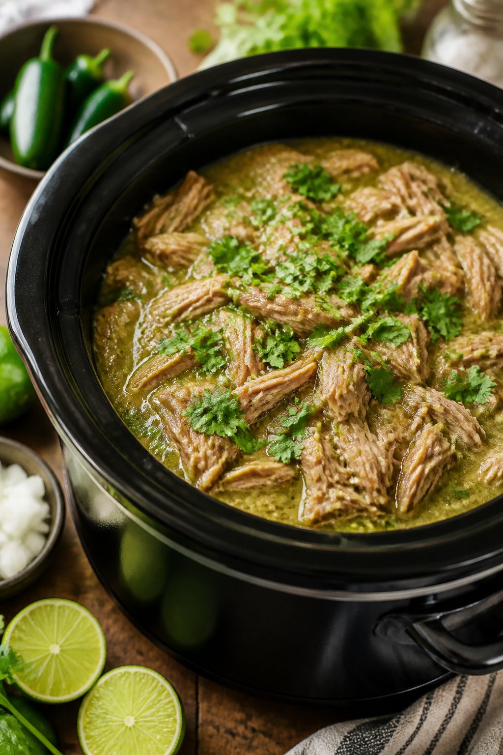 22 Crockpot Dump and Go Dinners for Busy Weeknights 5 A crockpot filled with shredded pork shoulder in green salsa verde sauce, garnished with cilantro, on a wooden kitchen counter with fresh ingredients nearby.