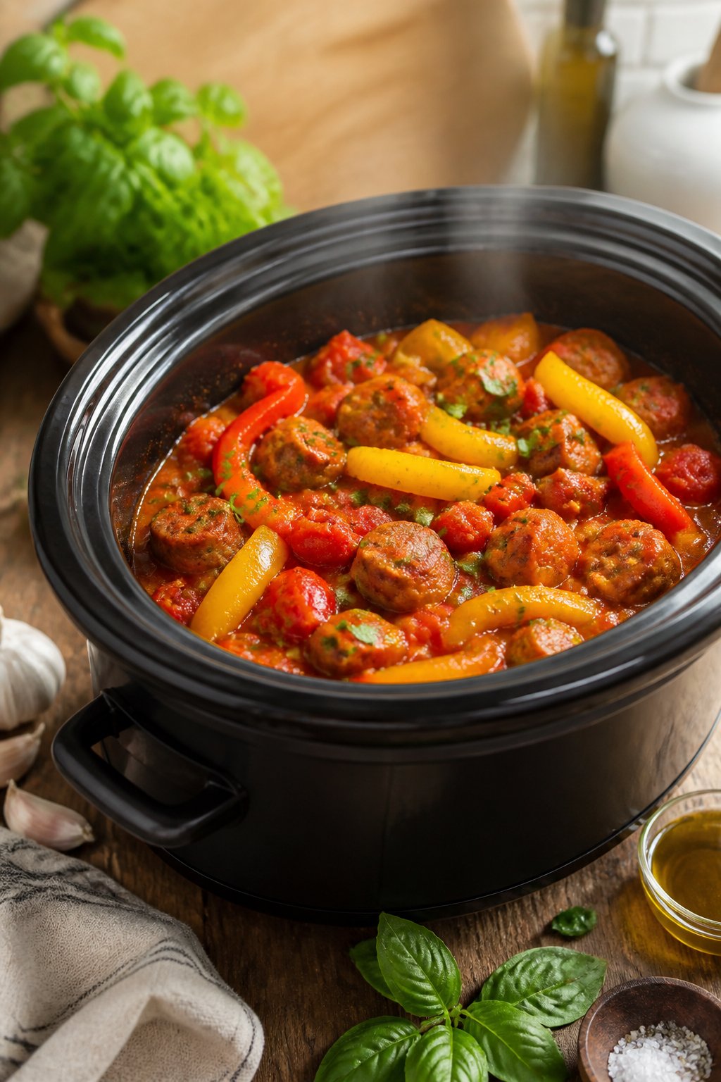 22 Crockpot Dump and Go Dinners for Busy Weeknights 6 A crockpot filled with cooked Italian sausage, red and yellow peppers, and tomatoes on a kitchen countertop with fresh ingredients around.