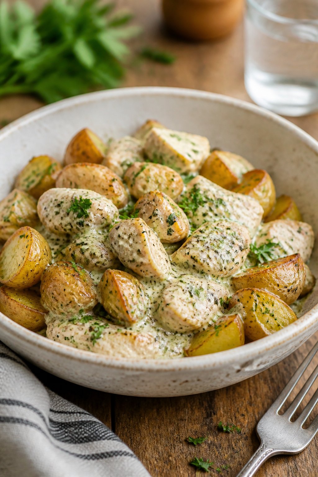 22 Crockpot Dump and Go Dinners for Busy Weeknights 7 A bowl of creamy ranch chicken with roasted potatoes garnished with fresh herbs on a wooden table.