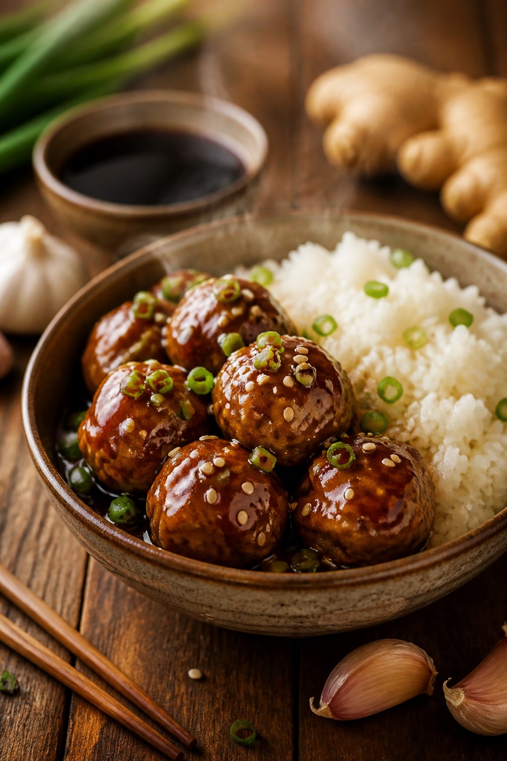 22 Crockpot Dump and Go Dinners for Busy Weeknights 8 A bowl of teriyaki meatballs with rice, garnished with green onions and sesame seeds, on a wooden table with fresh ingredients nearby.
