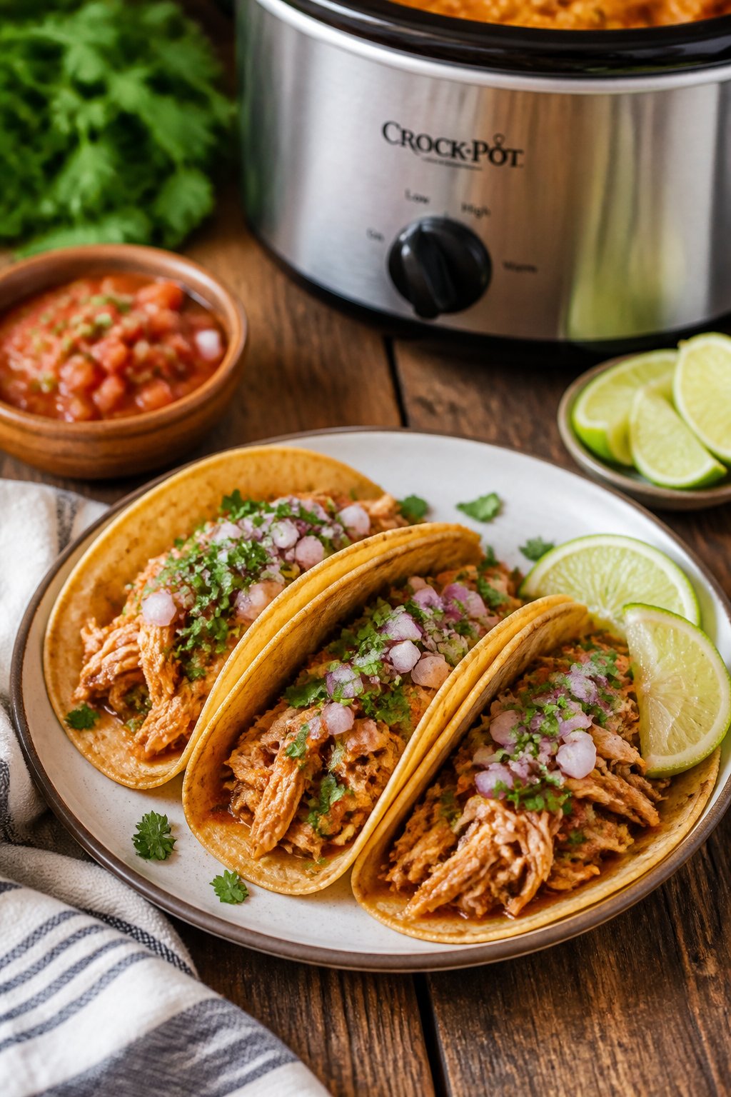 22 Crockpot Dump and Go Dinners for Busy Weeknights 9 Three chili lime chicken tacos on a plate with lime wedges and fresh cilantro on a wooden table.