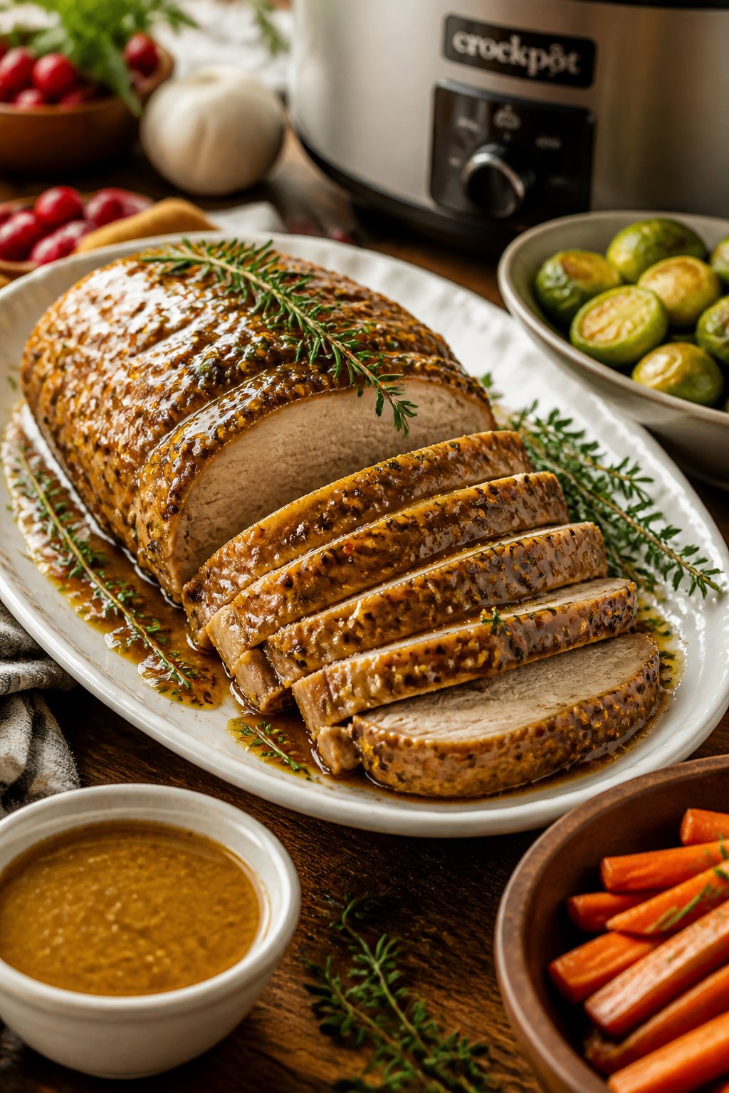 22 Crockpot Dump and Go Dinners for Busy Weeknights 10 Sliced maple Dijon pork loin on a white plate with roasted vegetables and fresh herbs on a wooden table.