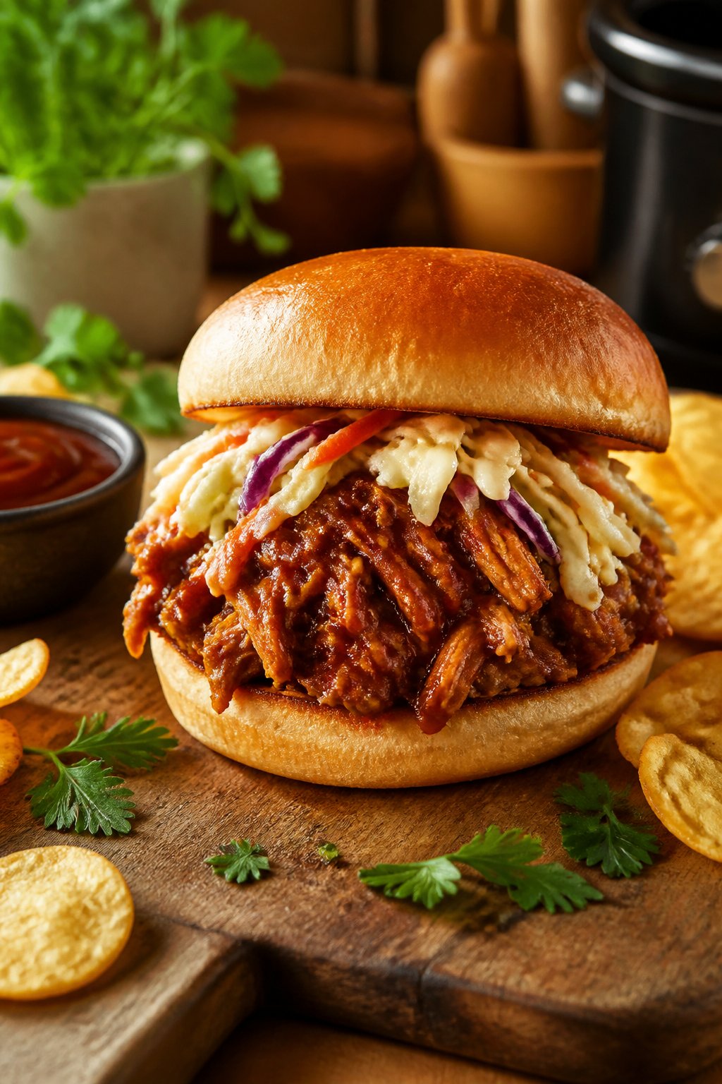 22 Crockpot Dump and Go Dinners for Busy Weeknights 11 A pulled chicken sandwich with barbecue sauce and coleslaw on a toasted bun, served with potato chips on a wooden table.