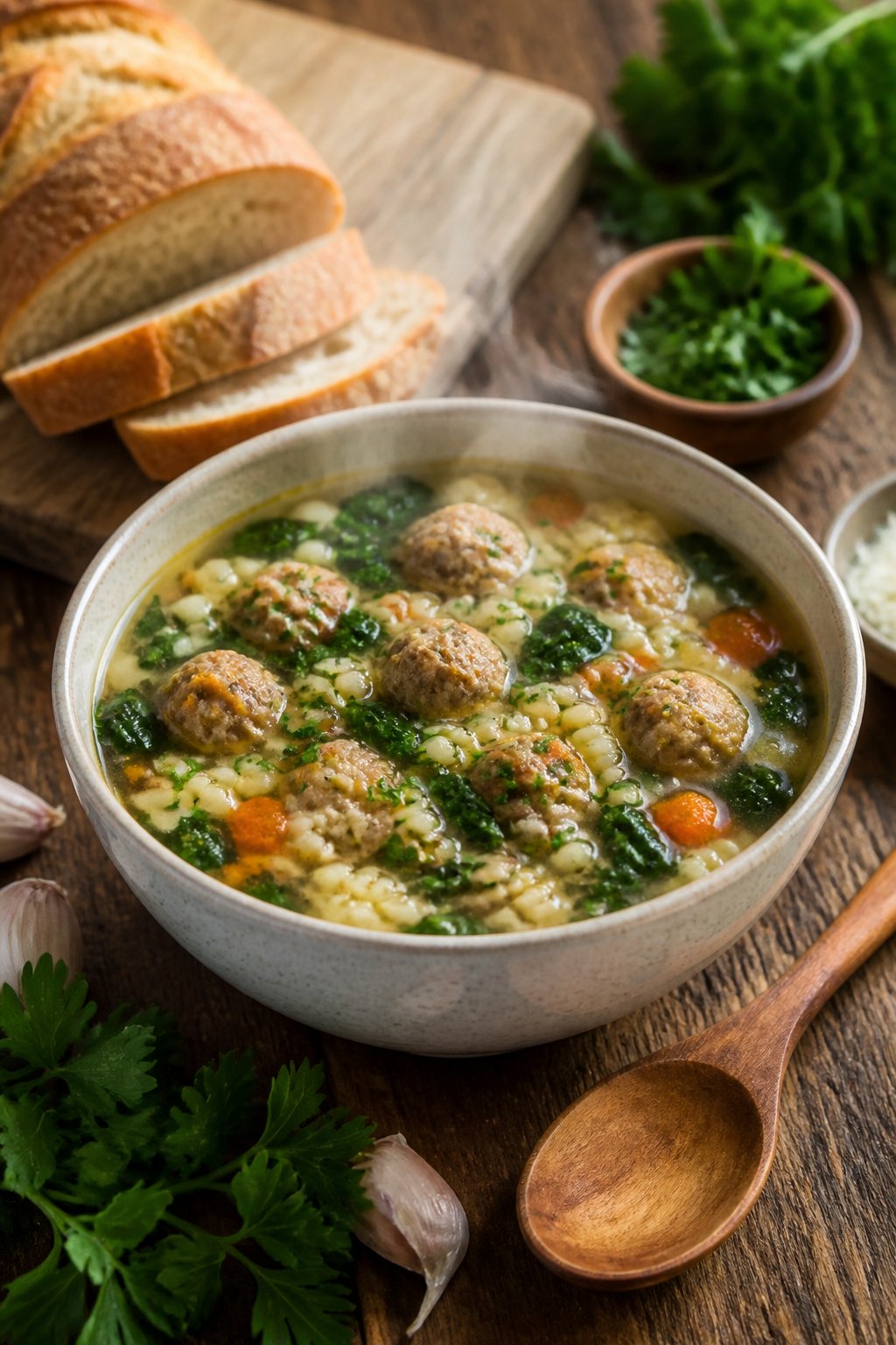 22 Crockpot Dump and Go Dinners for Busy Weeknights 12 A bowl of Italian wedding soup with meatballs, greens, and pasta on a wooden table with fresh herbs and bread nearby.
