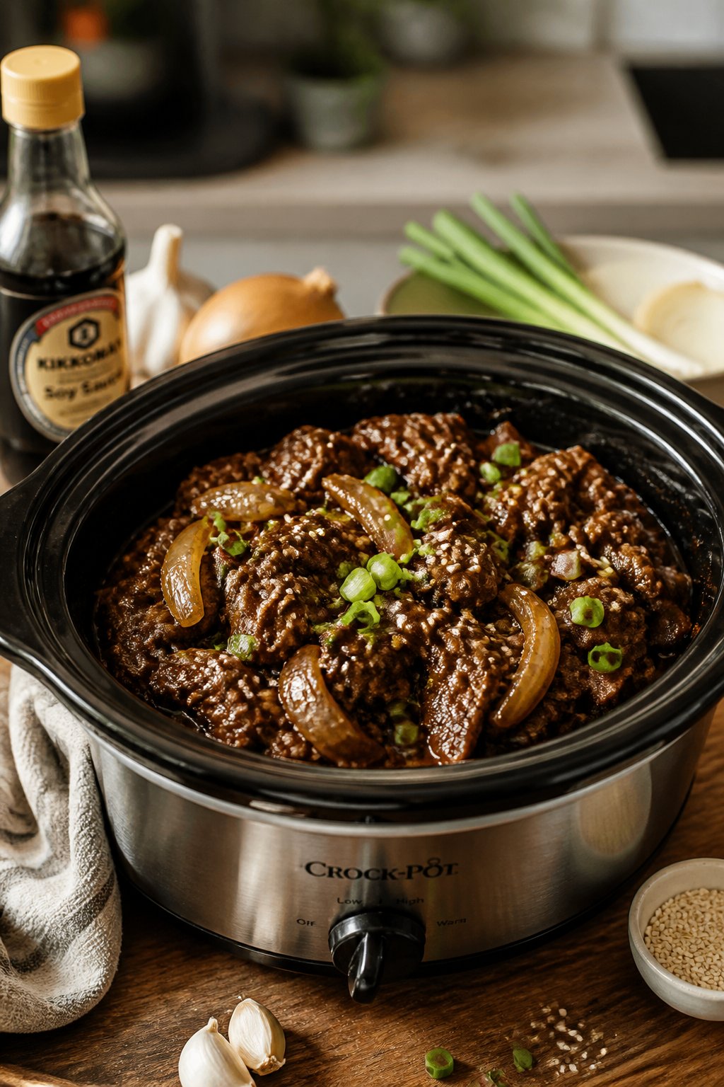 22 Crockpot Dump and Go Dinners for Busy Weeknights 13 Slow cooker filled with Korean-style marinated beef and onions on a kitchen countertop surrounded by fresh ingredients.