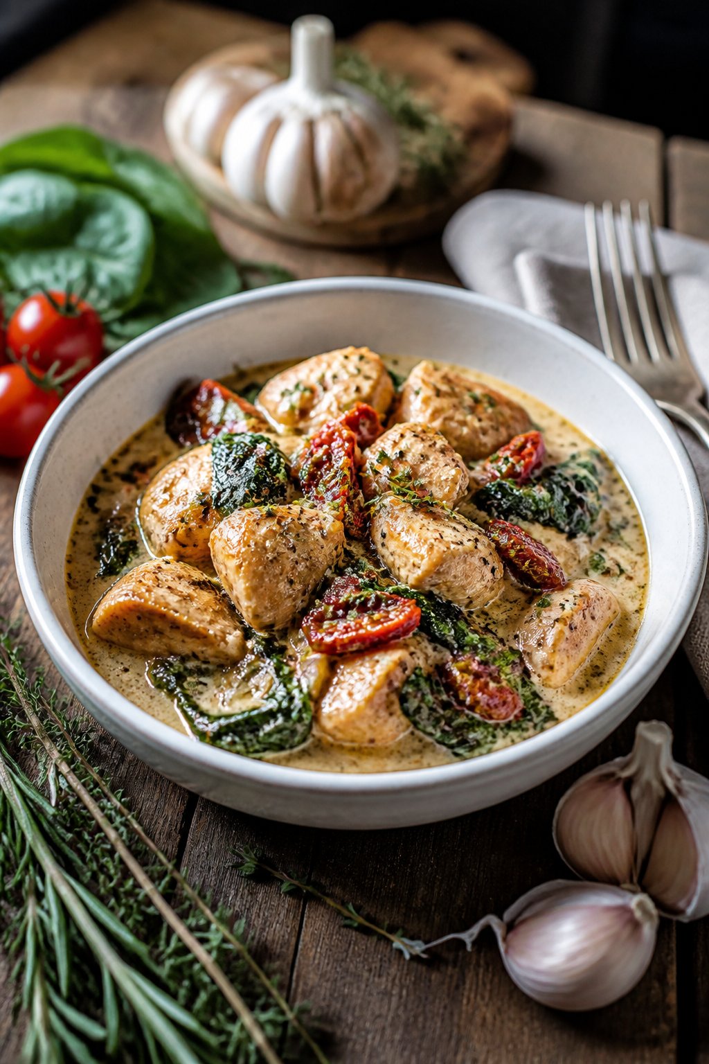 22 Crockpot Dump and Go Dinners for Busy Weeknights 14 A bowl of creamy Tuscan chicken with sun-dried tomatoes and spinach on a wooden table with fresh ingredients around it.