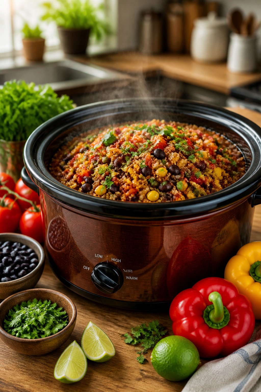 22 Crockpot Dump and Go Dinners for Busy Weeknights 15 A crockpot filled with Mexican quinoa and black beans surrounded by fresh vegetables on a kitchen countertop.