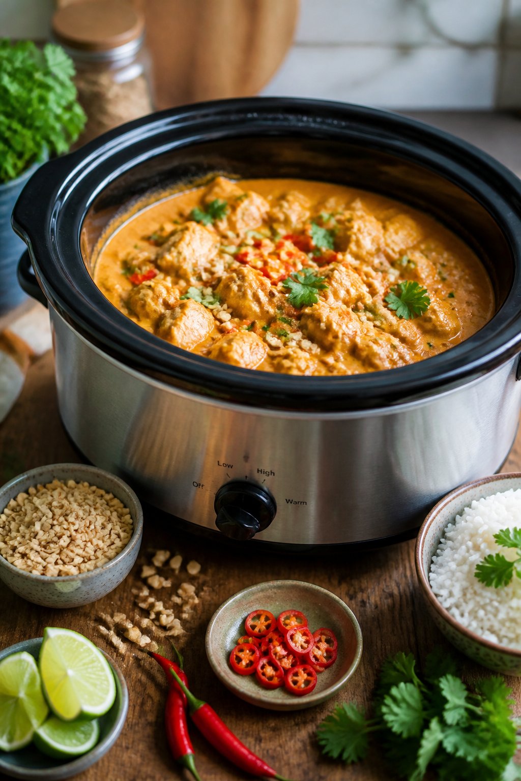 22 Crockpot Dump and Go Dinners for Busy Weeknights 16 A slow cooker filled with Thai peanut chicken surrounded by fresh ingredients on a wooden table.