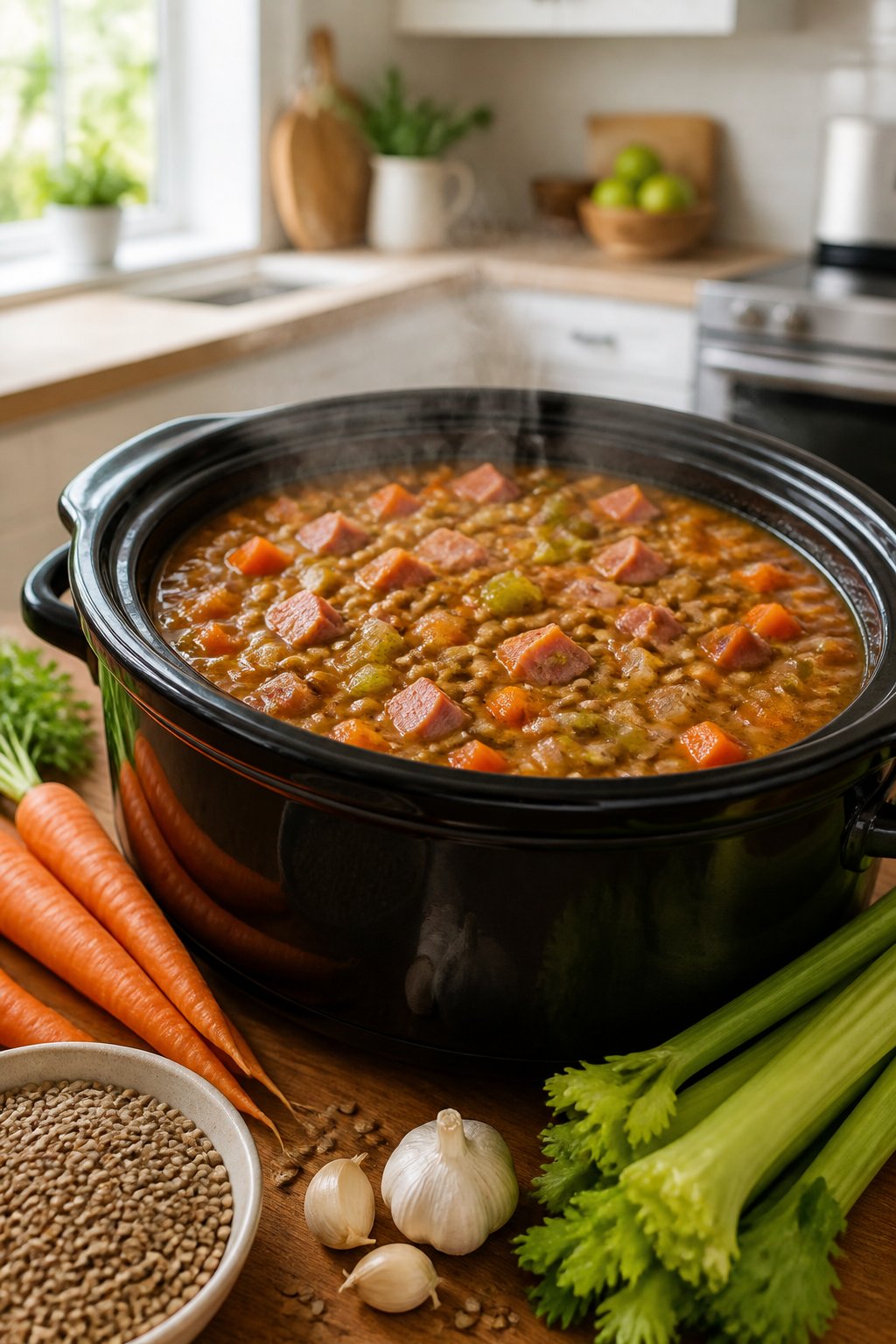 22 Crockpot Dump and Go Dinners for Busy Weeknights 17 A crockpot filled with steaming lentil and ham soup on a kitchen countertop surrounded by fresh vegetables and ingredients.