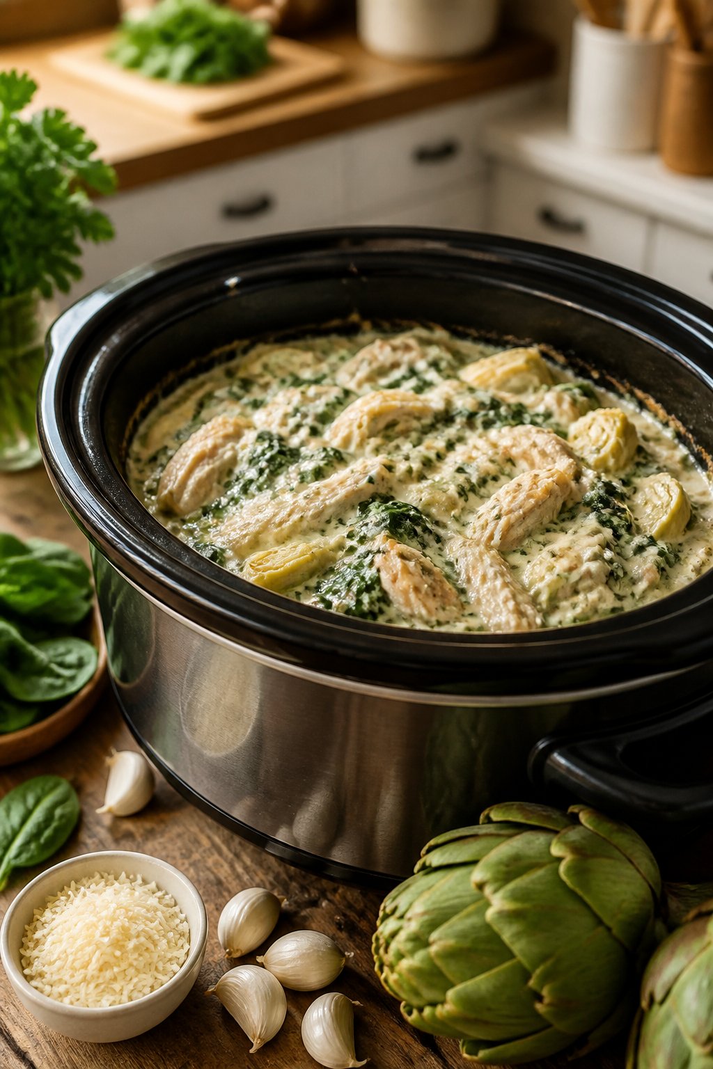22 Crockpot Dump and Go Dinners for Busy Weeknights 18 A slow cooker filled with creamy spinach artichoke chicken surrounded by fresh spinach, artichokes, and garlic on a wooden countertop.