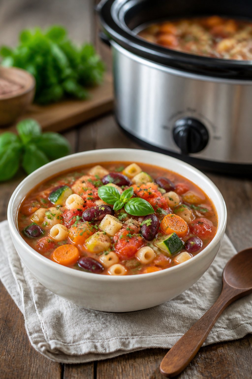 22 Crockpot Dump and Go Dinners for Busy Weeknights 19 A bowl of colorful minestrone soup with vegetables and pasta on a wooden table next to a wooden spoon and a slow cooker in the background.