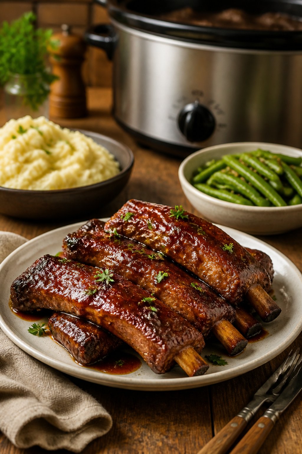 22 Crockpot Dump and Go Dinners for Busy Weeknights 20 Plate of honey garlic ribs with side dishes on a wooden table and a slow cooker in the background.