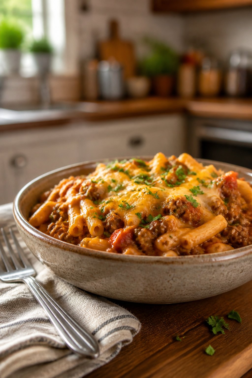22 Crockpot Dump and Go Dinners for Busy Weeknights 21 A bowl of cheesy beef and pasta dinner garnished with parsley on a wooden table with a fork and napkin nearby.