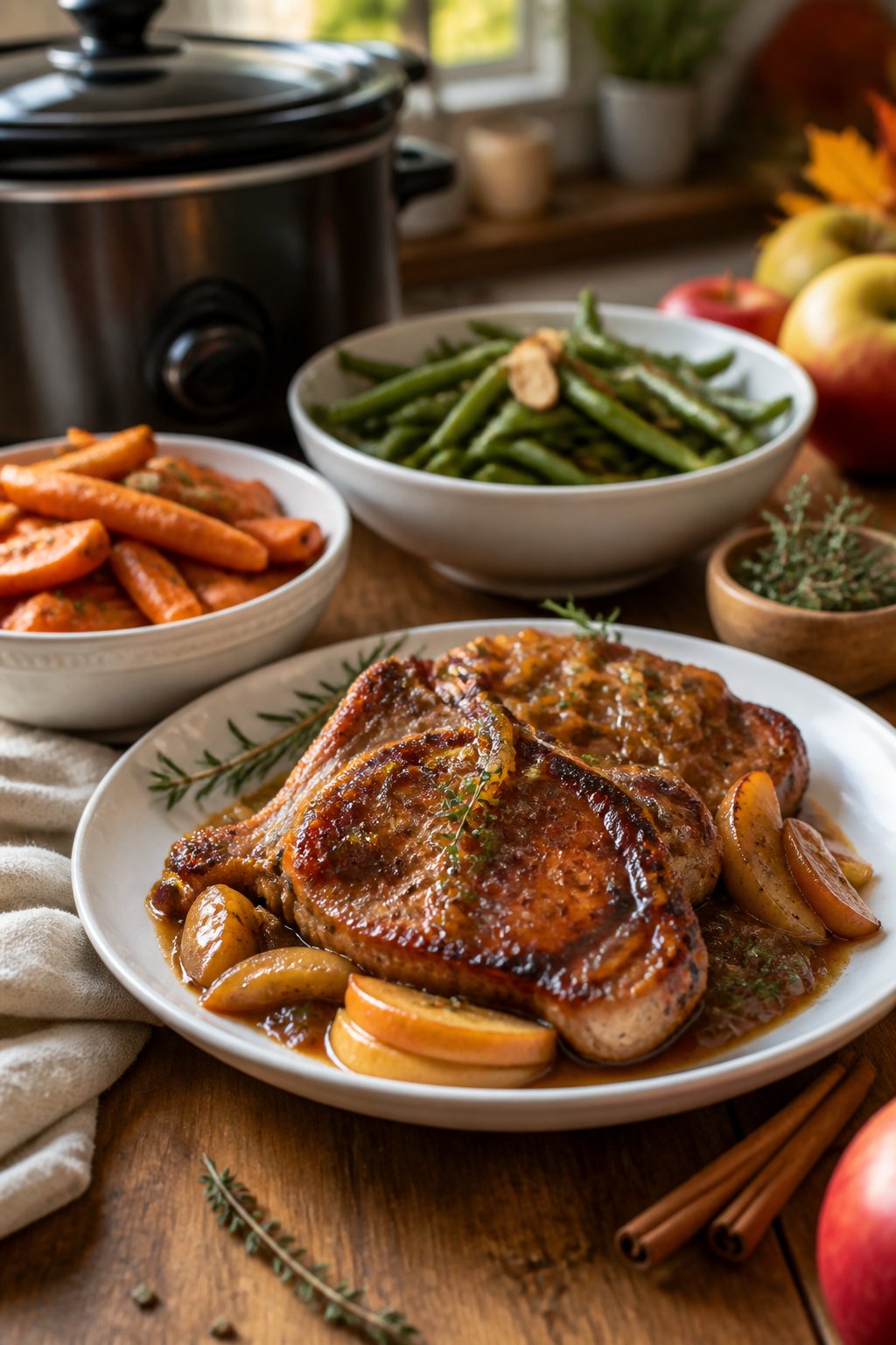 22 Crockpot Dump and Go Dinners for Busy Weeknights 22 Plate of apple cider pork chops with roasted vegetables on a wooden table in a cozy kitchen setting.