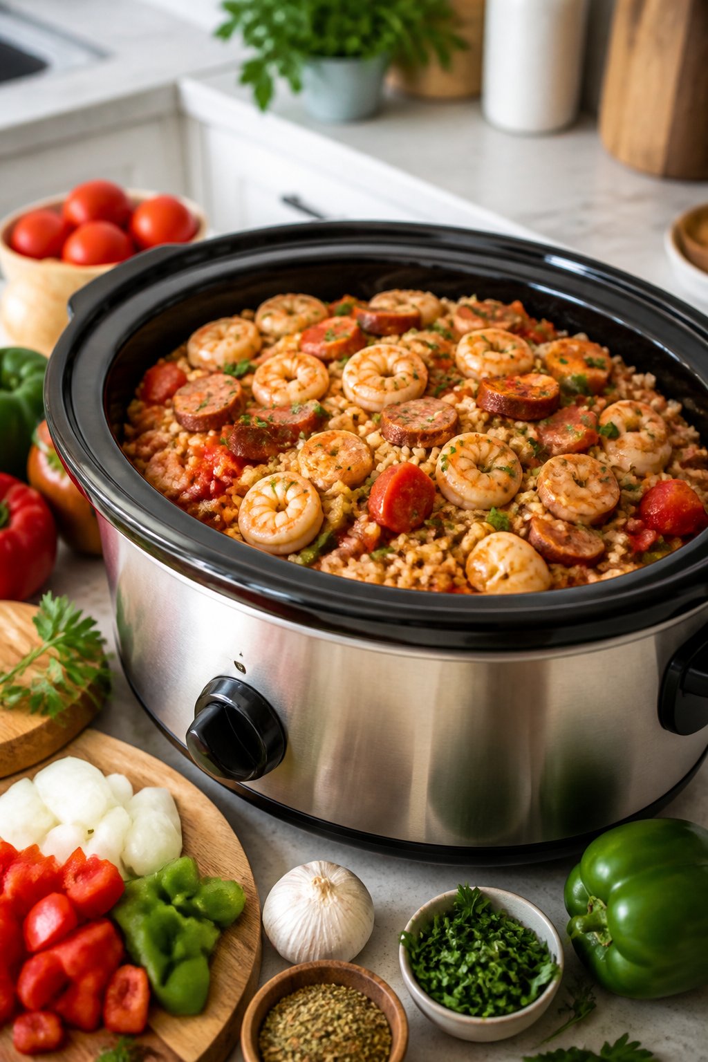 22 Crockpot Dump and Go Dinners for Busy Weeknights 23 A slow cooker filled with jambalaya on a kitchen countertop surrounded by fresh ingredients like vegetables and herbs.