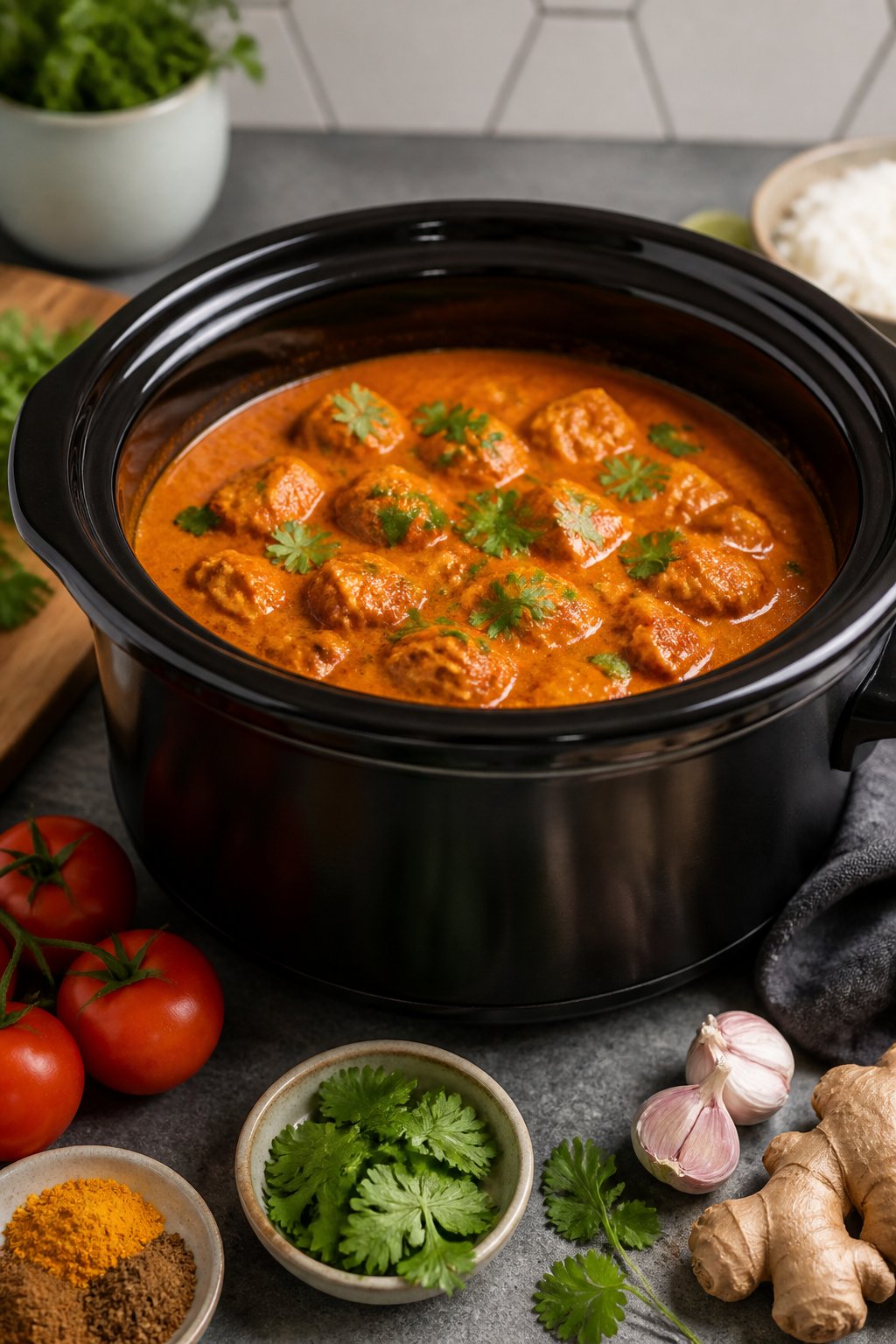 22 Crockpot Dump and Go Dinners for Busy Weeknights 24 Slow cooker filled with Chicken Tikka Masala surrounded by fresh ingredients on a kitchen countertop.