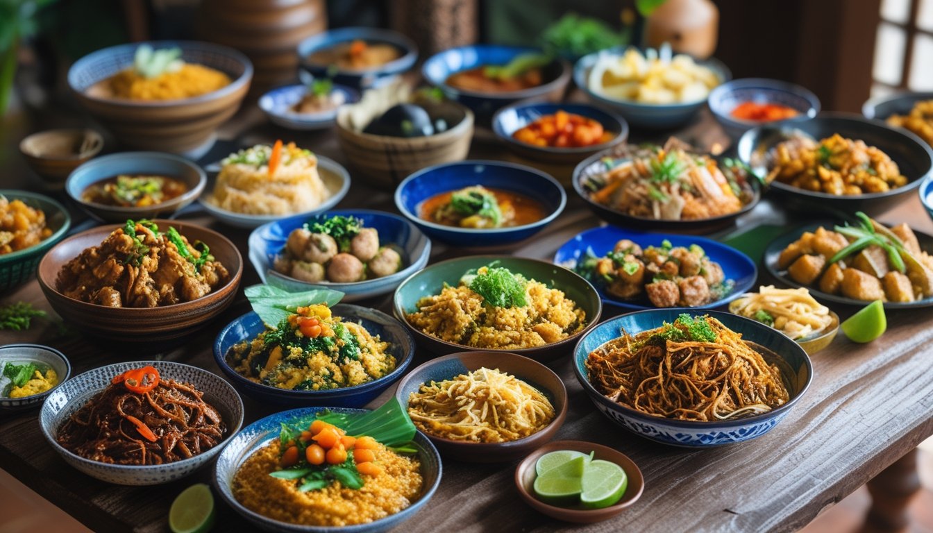 Berbagai hidangan khas daerah Indonesia yang disajikan di atas meja kayu, menampilkan warna dan tekstur makanan yang beragam dan menggugah selera.