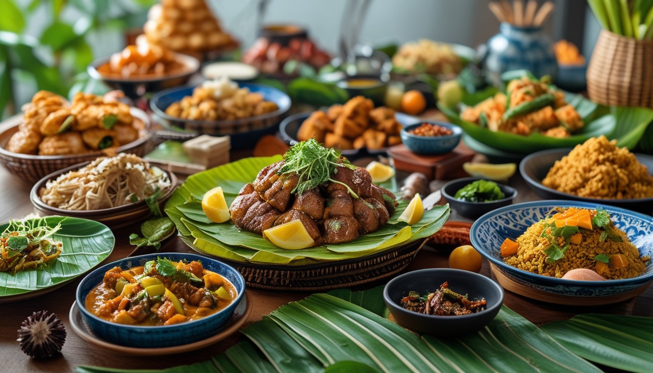 Berbagai masakan khas daerah Indonesia disajikan di atas meja kayu dengan hiasan daun pisang dan piring tradisional.