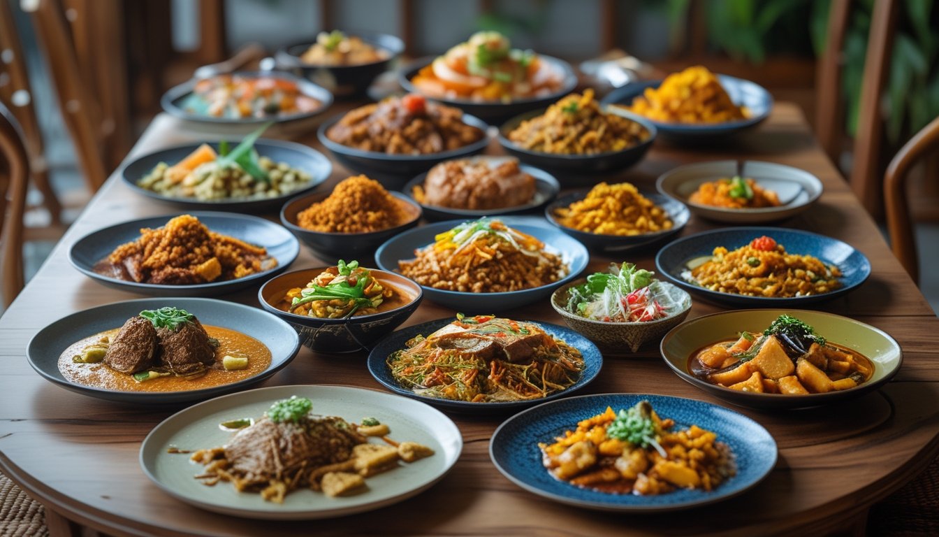 Meja kayu dengan berbagai hidangan khas daerah Nusantara yang berwarna-warni dan tersusun rapi, menampilkan keanekaragaman kuliner tradisional Indonesia.