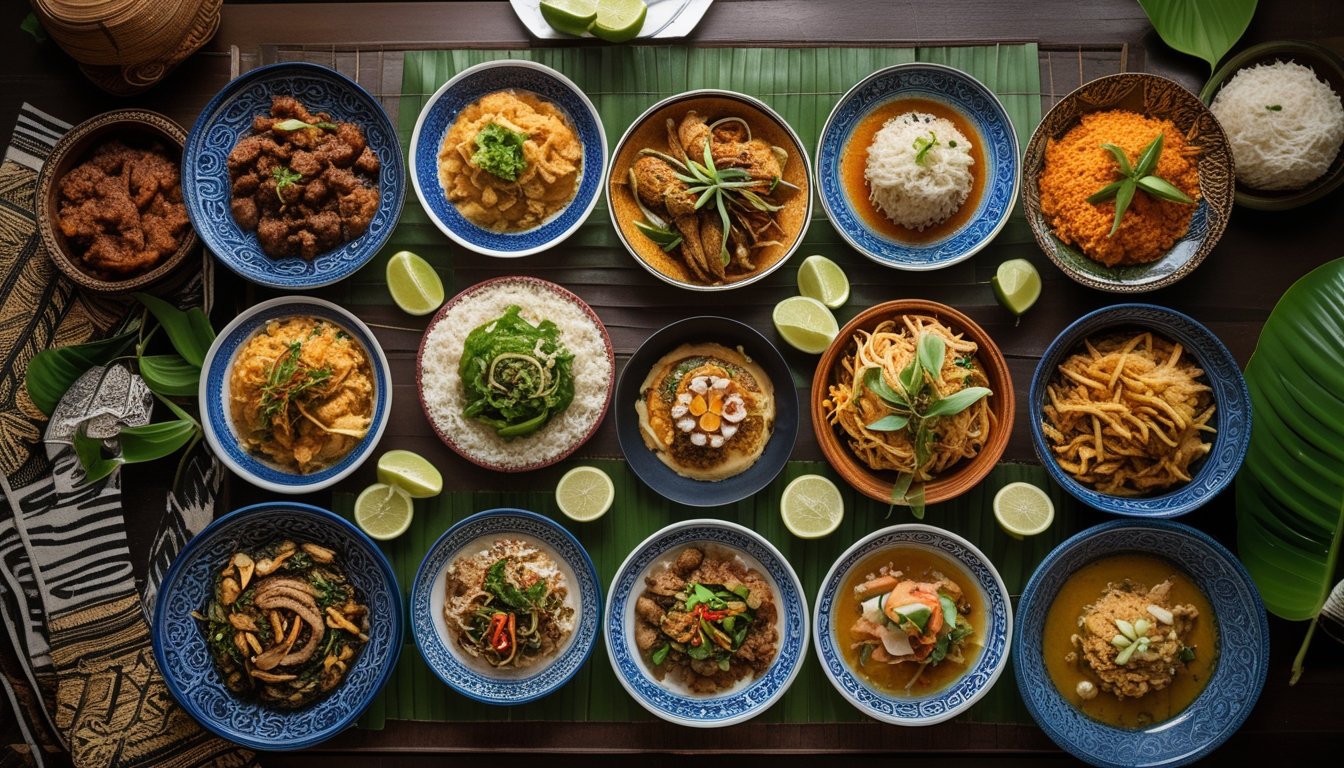 Berbagai hidangan khas Indonesia dari 10 daerah berbeda tersaji di atas meja kayu dengan hiasan daun dan kain batik.