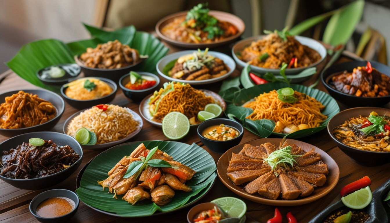 Berbagai hidangan tradisional khas daerah Indonesia tersaji di atas meja kayu dengan hiasan daun pisang dan rempah segar.