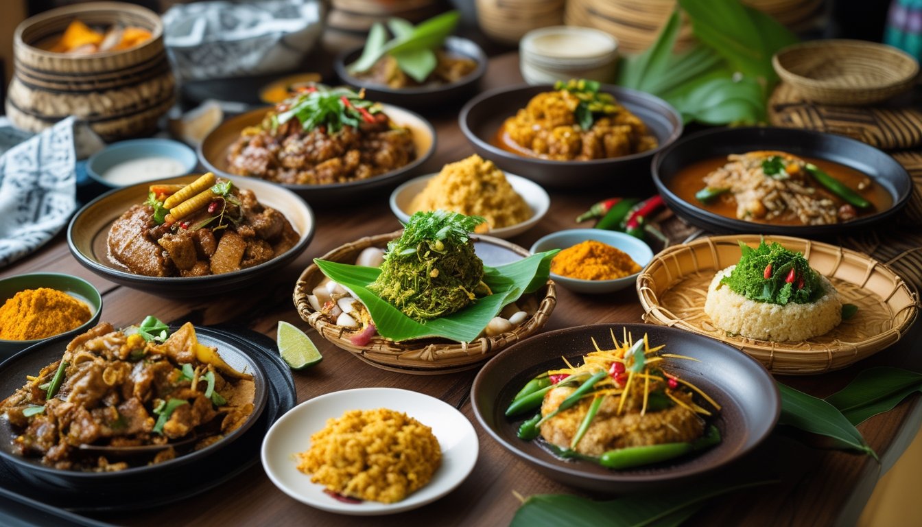 Berbagai masakan khas tradisional Indonesia disajikan di atas meja kayu dengan hiasan bahan-bahan segar dan kain batik di latar belakang.
