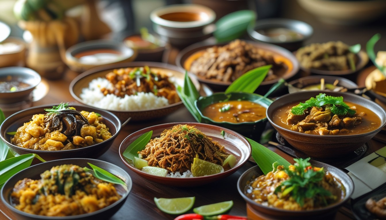 Meja kayu dengan berbagai hidangan khas dari Jawa, Sumatera, dan Sulawesi yang tersaji dengan warna-warni menarik dan tampak menggugah selera.