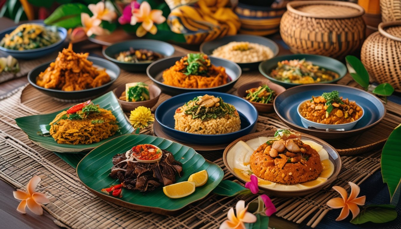 Berbagai hidangan khas daerah Indonesia yang disajikan di atas meja dengan hiasan tradisional dan bunga tropis.