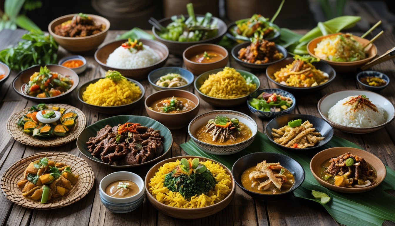Berbagai hidangan tradisional khas daerah Indonesia tersaji di atas meja kayu dengan warna dan tekstur yang beragam.