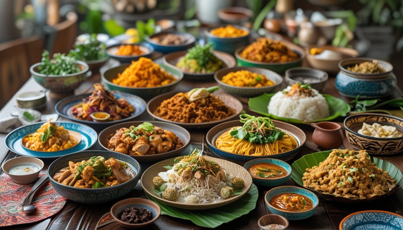 Berbagai hidangan tradisional Indonesia yang berwarna-warni tersaji di atas meja kayu, menampilkan keragaman kuliner khas dari berbagai daerah.