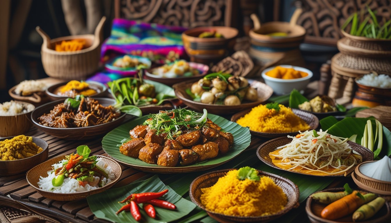 Meja kayu yang dipenuhi berbagai hidangan tradisional Indonesia dari berbagai daerah, disajikan dengan piring anyaman bambu dan daun pisang, dikelilingi bahan-bahan segar dan dekorasi budaya Indonesia.