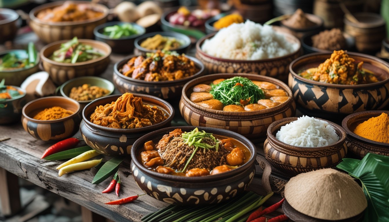 Meja kayu dengan berbagai hidangan tradisional Indonesia yang berwarna-warni dan bahan-bahan segar di sekitar, menampilkan kekayaan kuliner Nusantara.