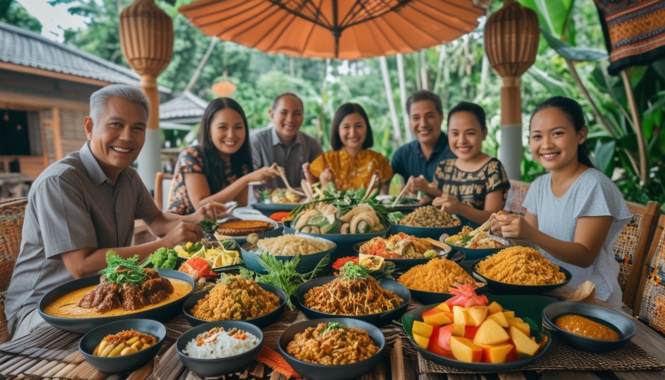 Keluarga Indonesia menikmati hidangan khas daerah tradisional bersama di luar ruangan dengan pemandangan hijau dan dekorasi tradisional.