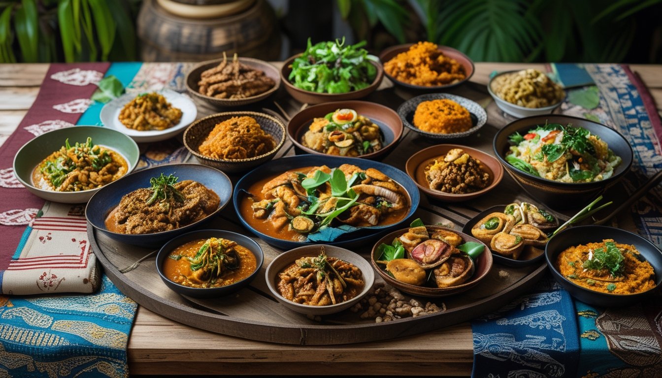 Pemandangan hidangan tradisional khas Indonesia yang beragam tersaji di atas meja kayu dengan hiasan kain batik dan daun tropis di sekitarnya.