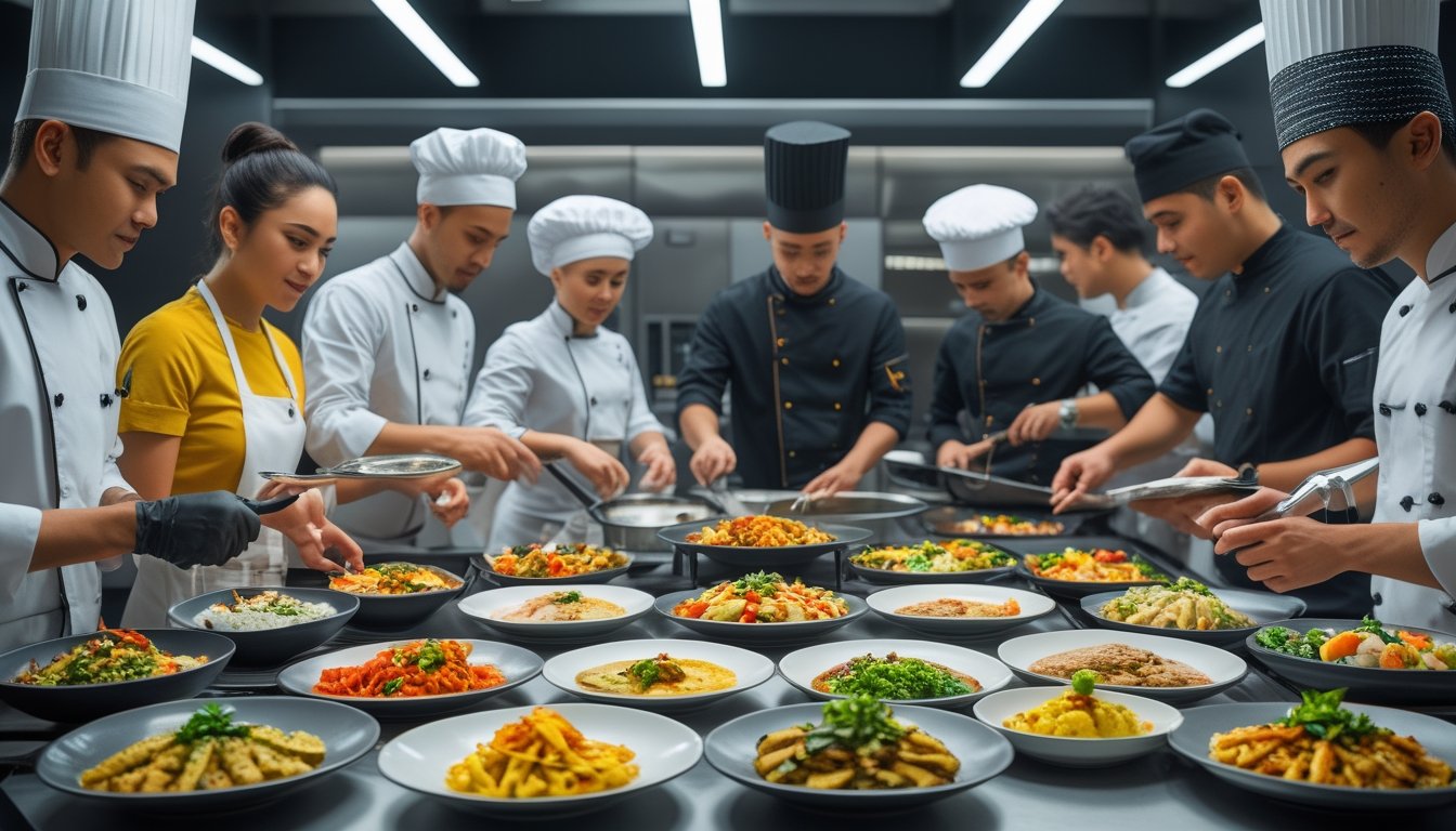 Sekelompok koki multikultural sedang menyiapkan berbagai hidangan internasional di dapur modern yang terang dan penuh warna.