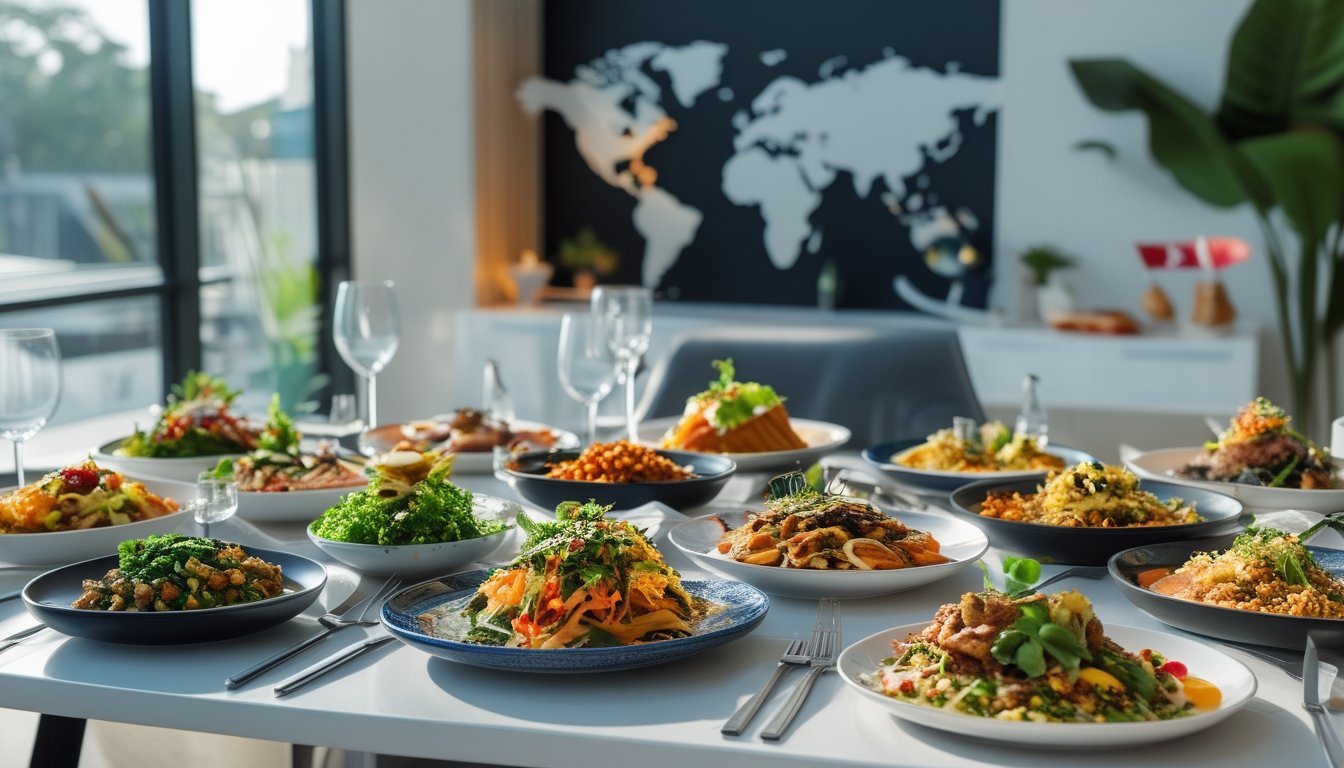 Meja makan modern dengan berbagai hidangan internasional berwarna-warni yang menampilkan tren masakan global tahun 2026.