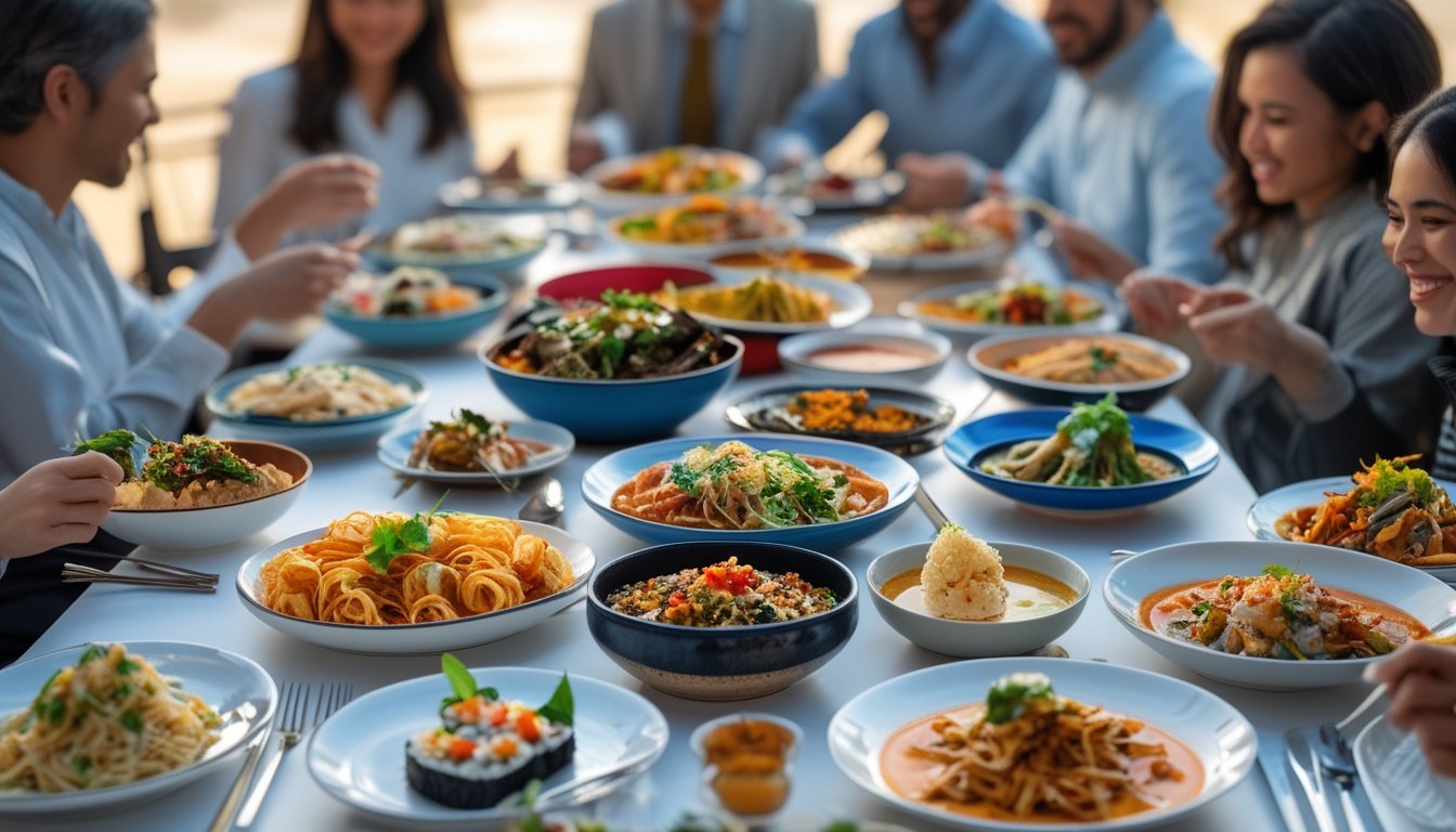 Meja makan dengan berbagai hidangan internasional yang berwarna-warni dan orang-orang menikmati makanan bersama.