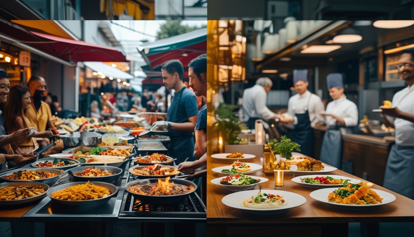 Pasar makanan jalanan yang ramai di sebelah kiri dengan berbagai hidangan warna-warni, dan restoran mewah dengan hidangan gourmet disajikan di sebelah kanan.
