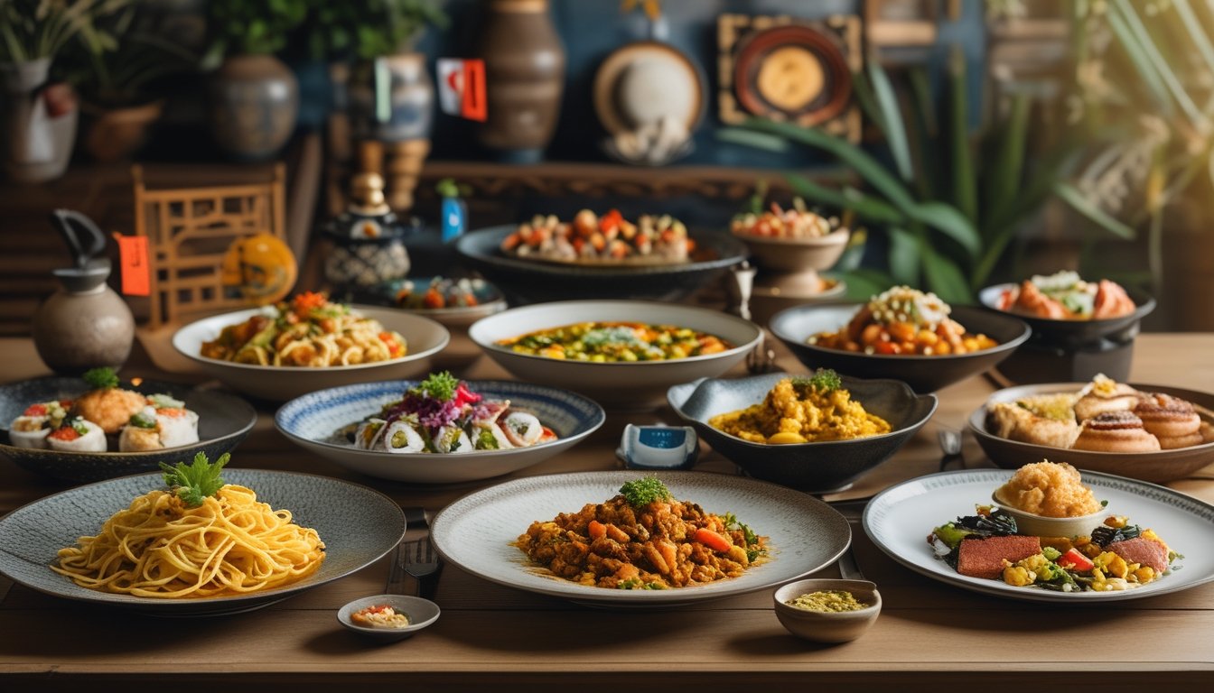 Meja kayu dengan berbagai hidangan tradisional dari berbagai negara, seperti pasta Italia, sushi Jepang, taco Meksiko, kari India, kue Prancis, dan mezze Timur Tengah, disajikan dengan rapi dan warna yang menarik.