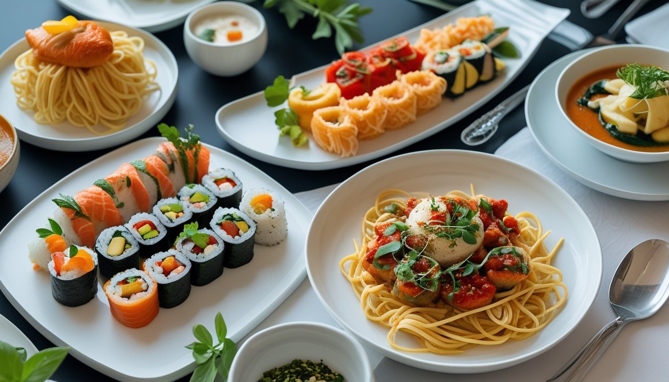 Piring makanan internasional yang terdiri dari sushi, pasta, dan hidangan fusion yang disajikan di atas meja makan.